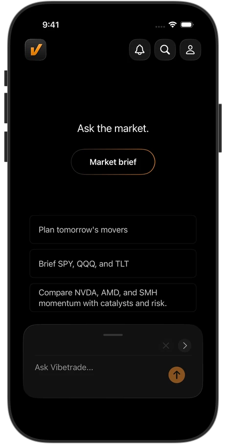 Vibetrade app showing market prompts